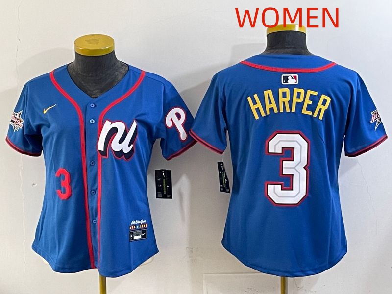 Women 2025 Philadelphia Phillies #3 Harper Blue All star Nike MLB Jersey style 05->women mlb jersey->Women Jersey
